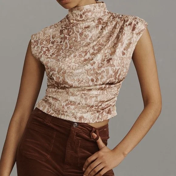 Anthropologie Blouse Mock Neck Draped Cream and Brown Patterned SIZE XL NEW - Picture 3 of 10